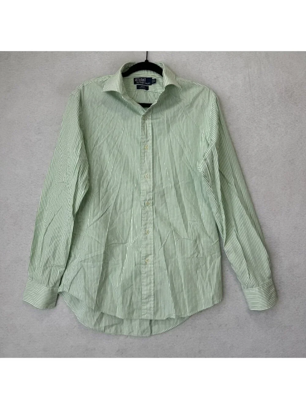 Polo Ralph Lauren Shirt Mens 15.5 Green Striped Custom Fit Long Sleeve Dress